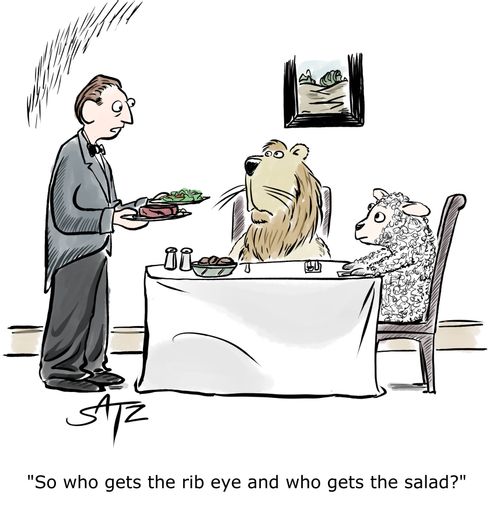 "So who gets the rib eye and who gets the salad?"