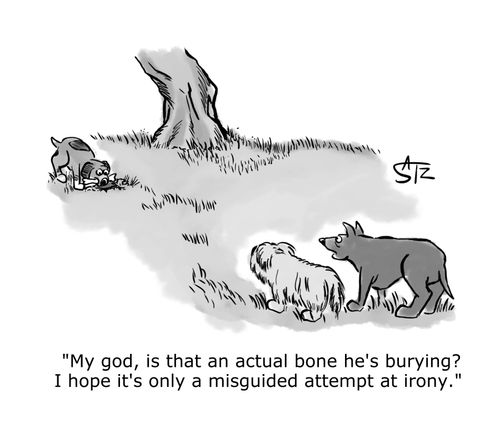 "My god, is that an actual bone he's burying? I hope it's only a misguided attempt at irony."