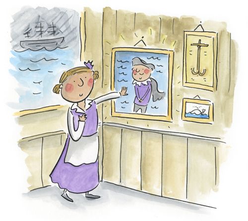 Senta looks at portrait of Flying Dutchman