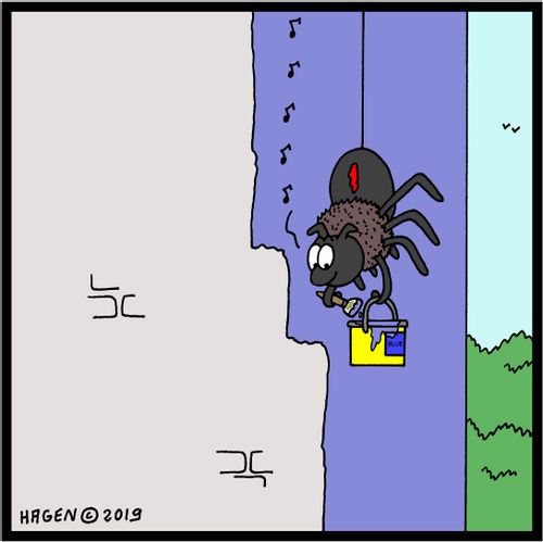Spider painting a wall by hanging on its thread