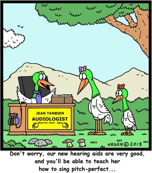 "Don't worry, our new hearing aids are very good, and you'll be able to teach her how to sing pitch-perfect..."