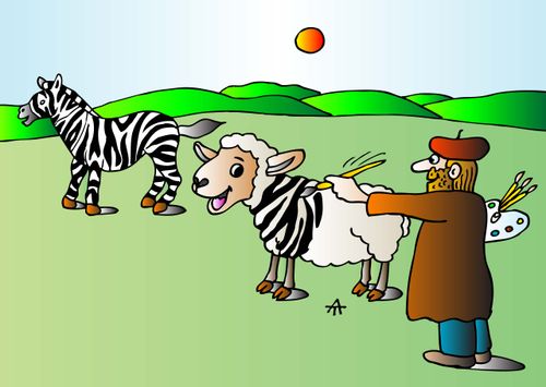 Artist painting a sheep to look like a zebra.