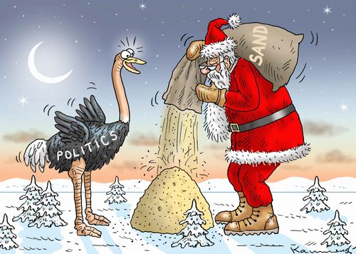 Santa brings an  ostrich some sand in which to bury its head.
