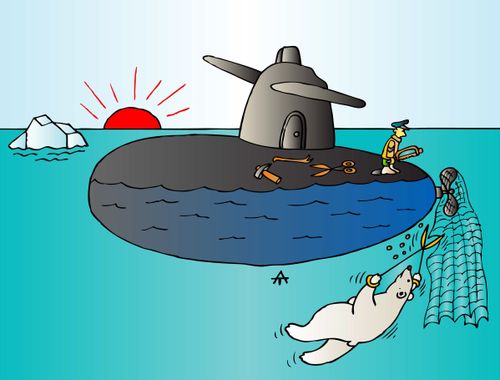 Polar bear freeing a trapped submarine