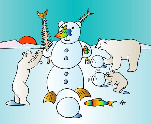 Polar bears build a snowman
