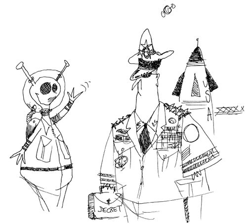 Militray general walking past a waving alien