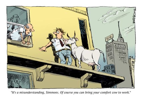 "It's a misunderstanding, Simmons. Of course you can bring your comfort cow to work."