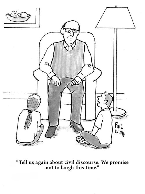 "Tell us again about civil discourse. We promise not to laugh this time."