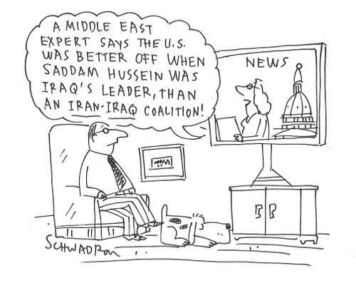 "A middle east expert says the U.S. was better off when Saddam Hussein was Iraq's leader, than an Iran-Iraq coalition!"