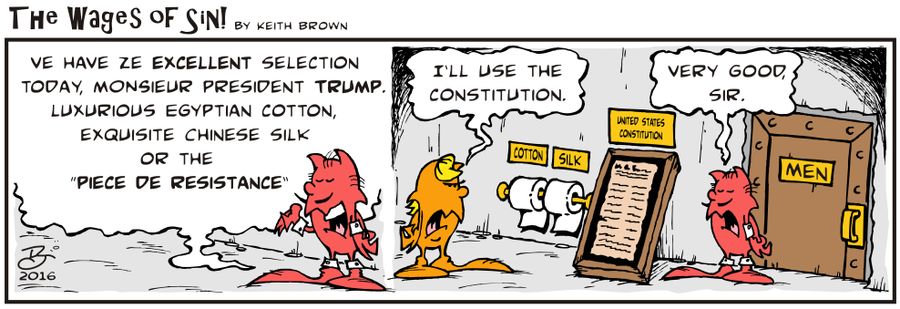 "Ve have ze excellent selection today, Monsieur President Trump, luxurious Egyptian cotton, exquisite Chinese silk. . ."