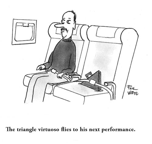 The triangle virtuoso flies to his next performance.