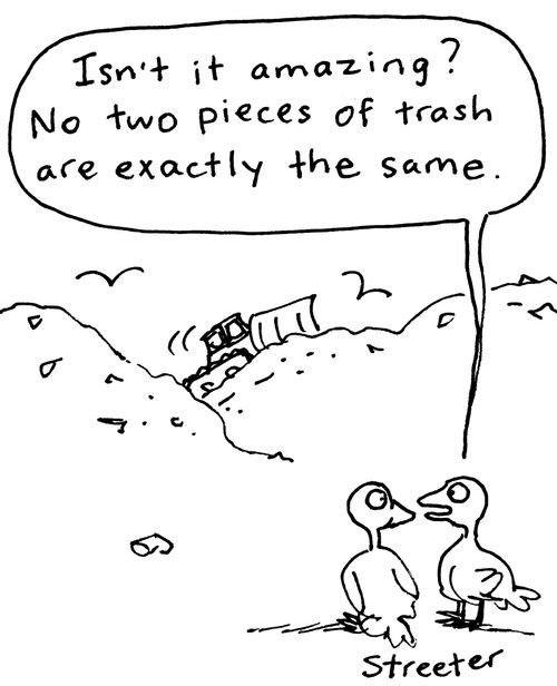 "Isn't it amazing? No two pieces of trash are exactly the same."