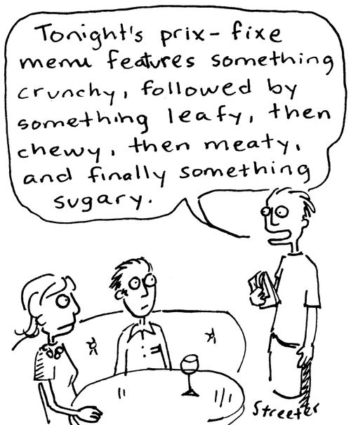 "Tonight's prix-fixe meme features something crunchy, followed by something leafy, then chewy, then meaty, and finally something sugary."