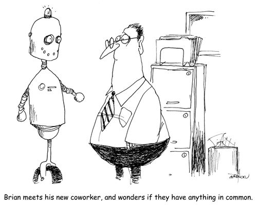 Brian meets his new coworker, and wonders if they have anything in common. (offcie worker meeting a robot)