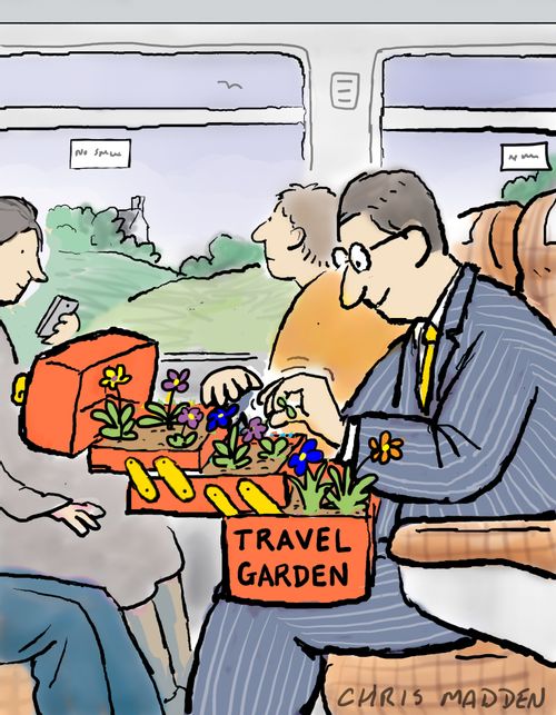 Commuter doing some gardening on the train