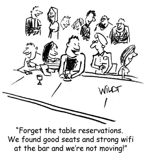 "Forget the table reservations. We found good seats and strong wifi at the bar and we're not moving!"