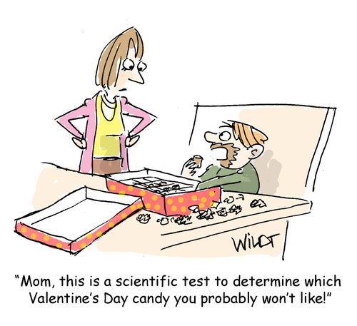 "Mom, this is a scientific test to determine which Valentine's Day candy you probably won't like!"