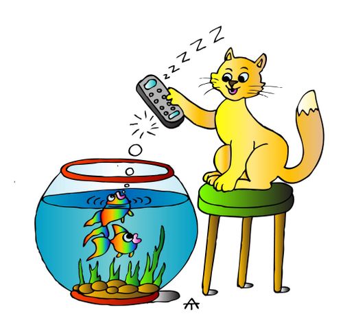 A cat taunts fish with a remote control.