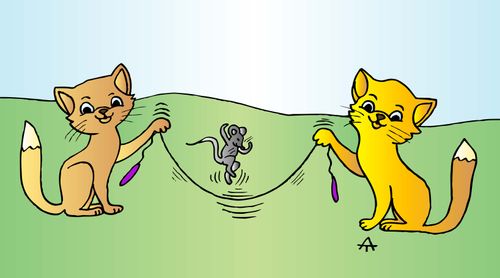 Cats jump rope with a mouse.
