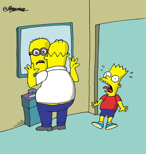 Homer Simpson appears as a Minion in the mirror.