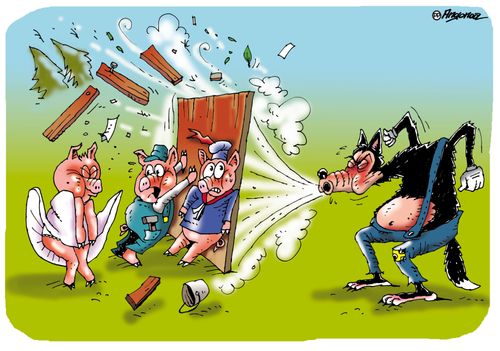 The Big Bad Wolf blows down a house.