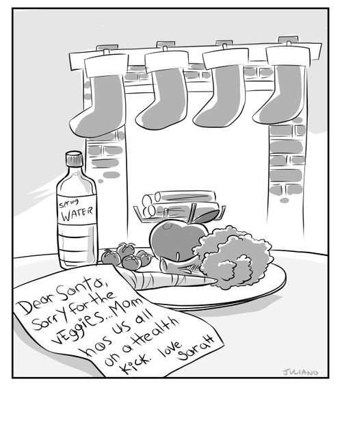 Dear Santa, Sorry for the veggies. . . Mom has us all on a health kick. love Saratt.
