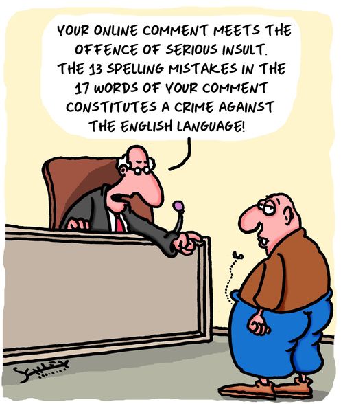 "Your online comment meets the offence of serious insult. The 13 spelling mistakes in the 17 words of your comment constitutes a crime against the English language!"