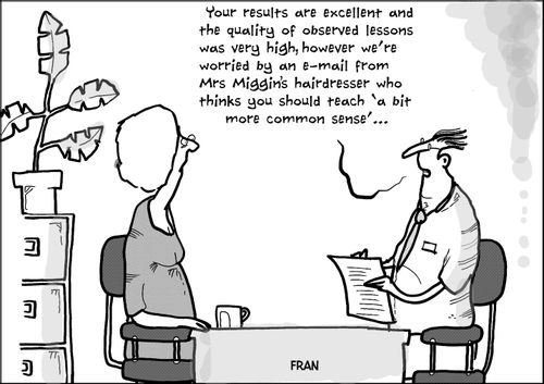 "Your results are excellent and the quality of observed lessons was very high, however we're worried by an e-mail from Mrs Miggin's hairdresser who thinks you should teach 'a bit more common sense'. . ."