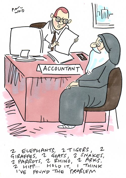 "2 elephants, 2 tigers, 2 giraffes, 2 goats, 2 snakes, 2 parrots, 2 rhino, 2 arks, 2 hipp. . . hold it, I think I've found the problem."