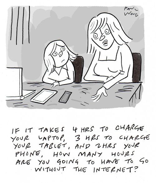 "If it takes 4 hrs to change your laptop, 3 hrs to charge your tablet, and 2 hrs your phone, how many hours are you going to have to go without the internet?"