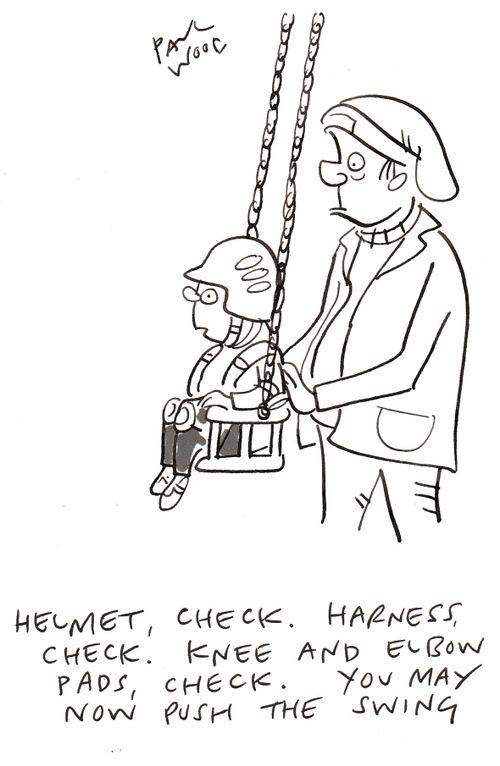 "Helmet, check. Harness, check. Knee and elbow pads, check. You may now push the swing."