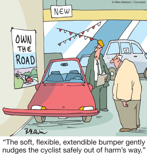 "The soft, flexible, extendible bumper gently nudges the cyclist safely out of harm's way."