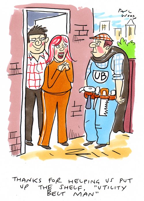 "Thanks for helping us put up the shelf, 'Utility Belt Man'."