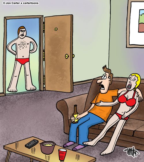 An inflatable man confronts a human man with his inflatable girlfriend.