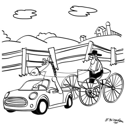 A horse driving a sports car tows an Amish buggy.