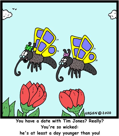 "You have a date with Tim Jones? Really? You're so wicked: he's at least a day younger than you!"