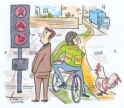 Man, bike, chicken, crossing the road.