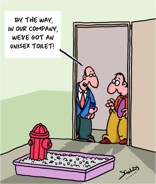 "By the way, in our company, we've got an unisex toilet!"