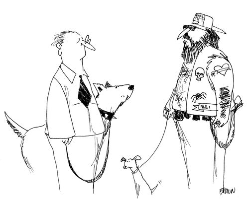 Tough guy with a little dog and a nerdy guy with a big dog