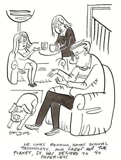 "He loves reading, hates digital technology, and cares for the planet, so has decided to go paperless."