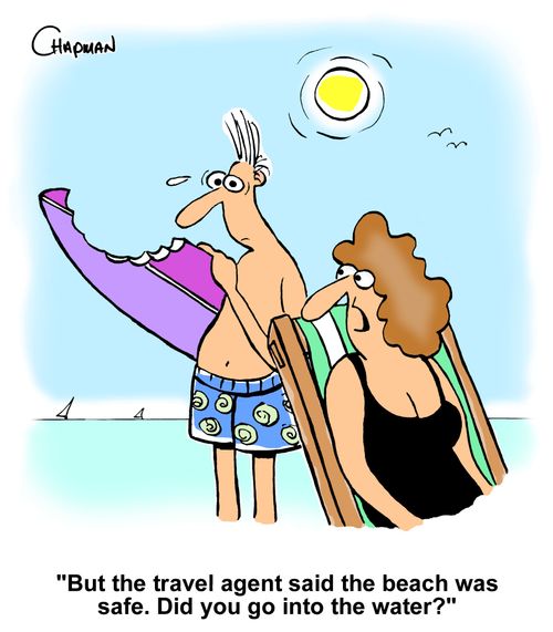 "But the travel agent said the beach was safe. Did you go into the water?"