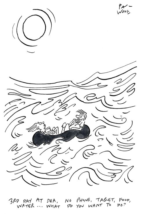 "Third day at sea, no phone, tablet, food, water...what do you want to do?"