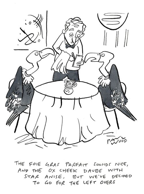 "The Foie Gras parfait sounds nice, and the ox cheek daube with star anise. But we've decided to go for the leftovers."