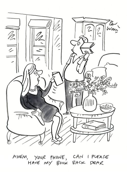 "Ahem, your phone, can I please have my book back dear."