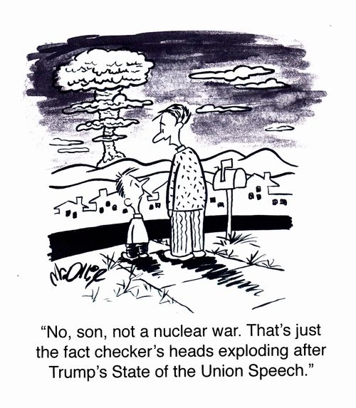 "No, son, not a nuclear war. That's just the fact checker's heads exploding after Trump's State of the Union speech." 