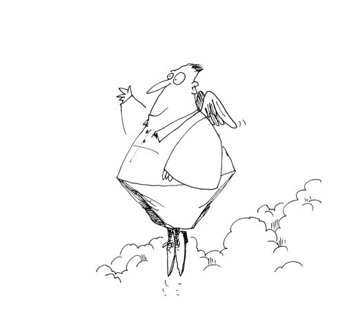Man flying to heaven on small angel wings