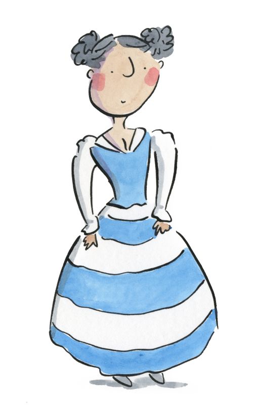 Lady in a blue and white dress