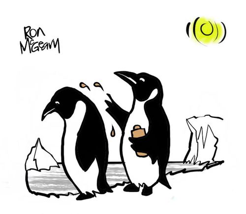 Penguins applying sun tan lotion.