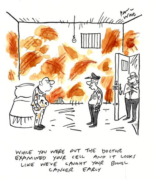 "While you were out the doctor examined your cell and it looks like we've caught your bowel cancer early."