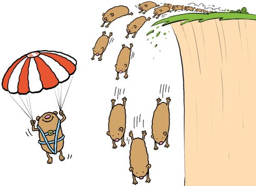 Lemming going over cliff with a parachute 